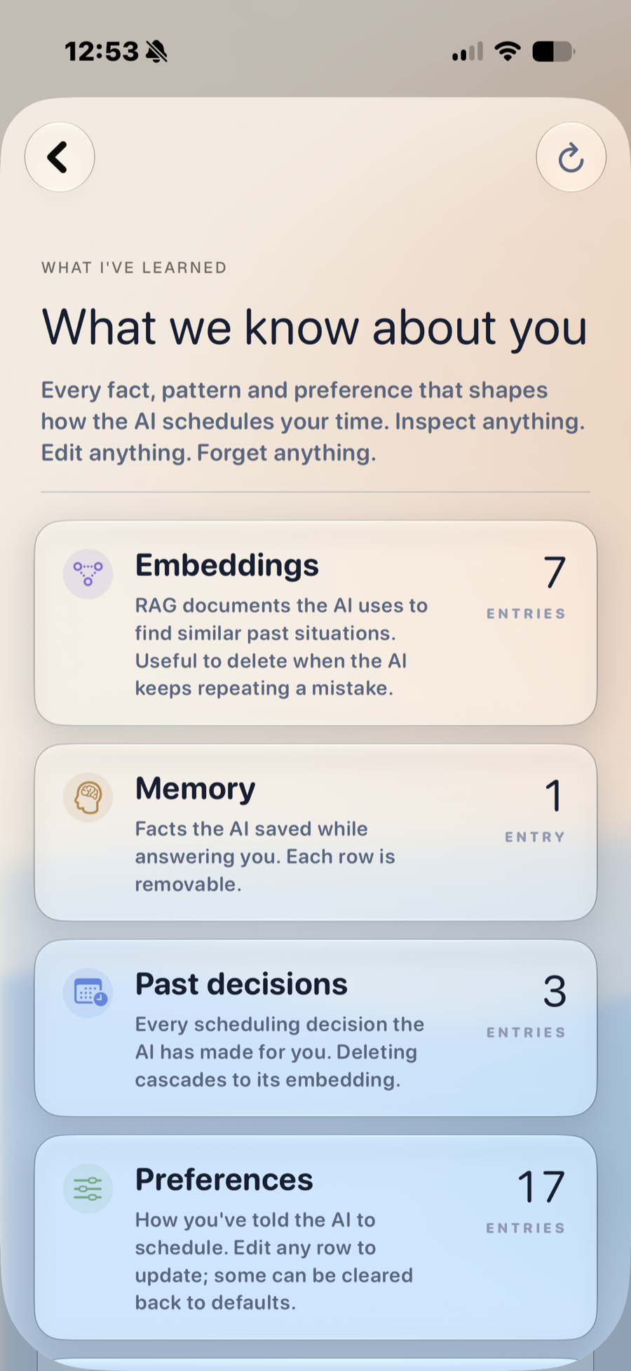 Devoted What we know about you screen listing embeddings, memory, past decisions, and preferences