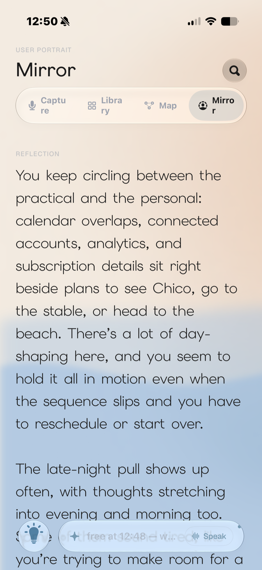 Devoted Mirror showing a written weekly portrait of the user
