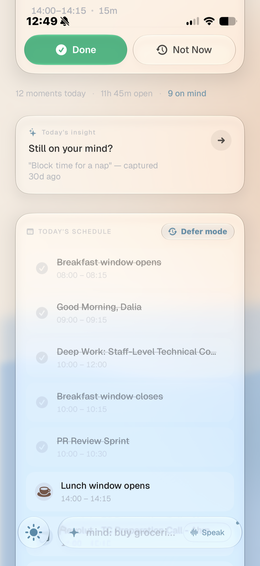 Devoted Right Now schedule with Defer mode and a list of timed blocks for the day