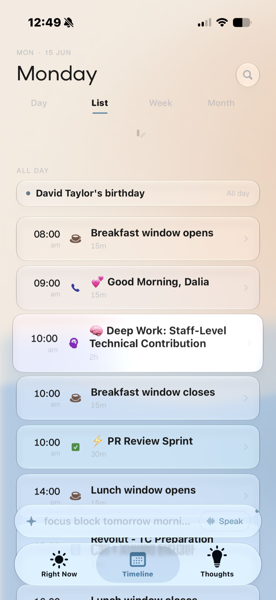 Devoted Timeline list view for Monday with emoji-tagged events through the day