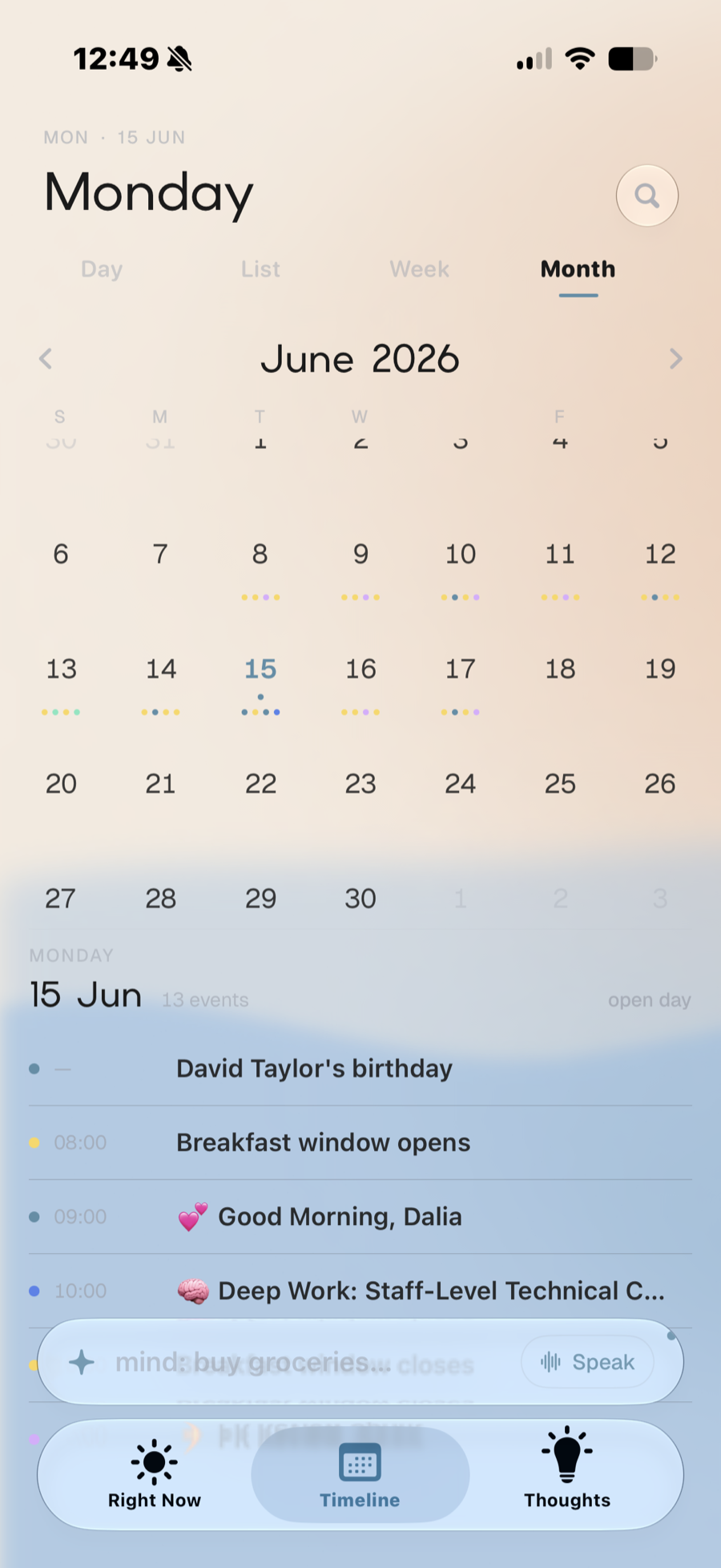 Devoted Timeline month view for June 2026 with coloured dots marking busy days